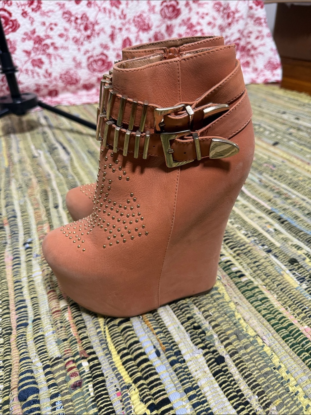 Jeffrey Campbell Cognac Wedge Ankle Boots with Buckle Straps - Picture 5 of 8